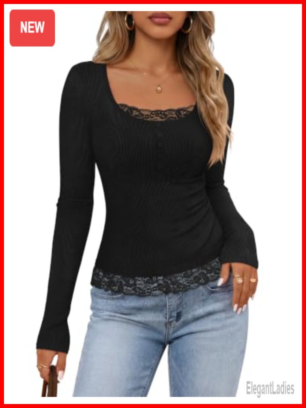 Lace Trim Long Sleeve Scoop Neck Ribbed Knit Top Fall Winter